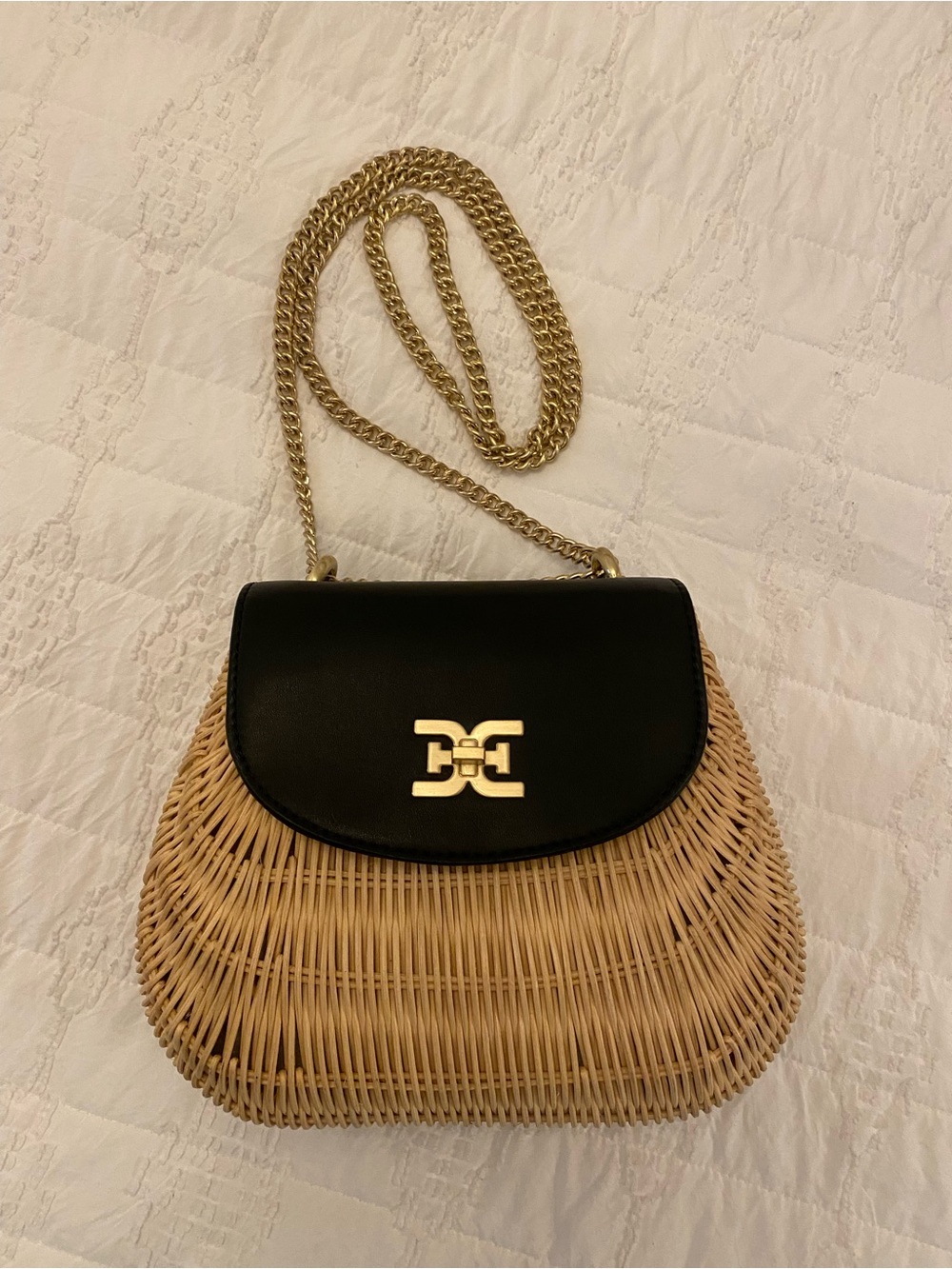 Sam Edelman Black Leather Flap Wicker Crossbody with Gold Chain